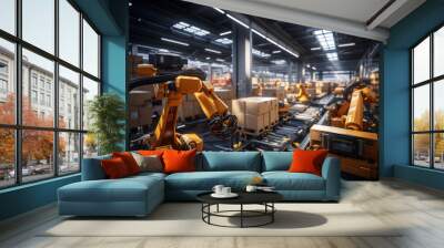 An interior view of a modern warehouse with robotic arms efficiently sorting and stacking packages, highlighting the role of automation in logistics. Generative Ai Wall mural