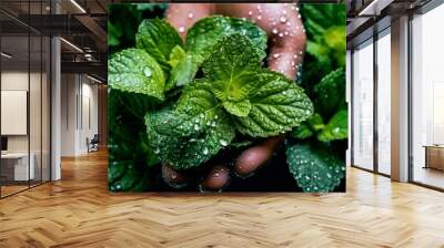 an overhead shot of a hand holding a bunch of freshly picked mint leaves, with water droplets gliste Wall mural