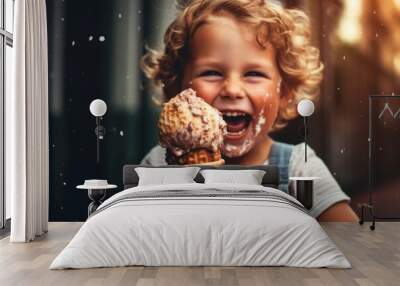 Childs hands holding a dripping ice cream cone with a big smile, evoking pure delight and capturing the simple joy of indulging in ice cream. Selective focus on ice cream. Generative Ai Wall mural