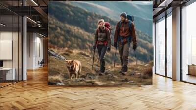 Couple with a backpack hiking with his beautiful dog in the mountains. Concept a sense of adventure and freedom. Generative Ai Wall mural