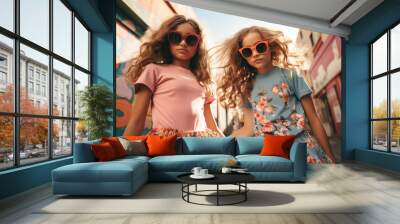 fashionable young sisters in summer attire Wall mural