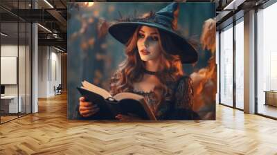 Halloween witch with magic book of spells. She is in front of pumpkins and candles , creating a mystic atmosphere for doing witchcraft. Spooky background of the dark magical forest. Generative AI Wall mural