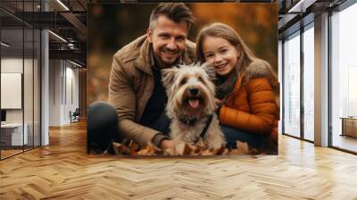 Happy young father and daughter and their dog enjoying their autumn days on a pumpkin field. Generative AI Wall mural