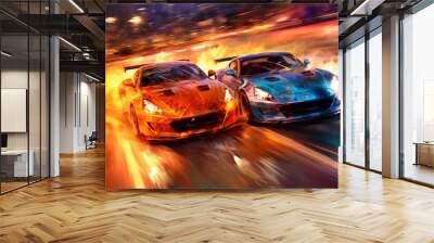 Illustration of two sports cars side by side, with one overtaking the other on a race track, captured at a high-speed moment, with flames and sparks trailing behind. Generative AI Wall mural