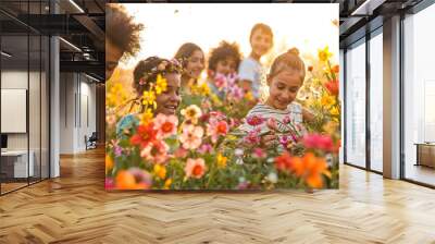 Joyful group of friends enjoying a flower field at sunset Wall mural