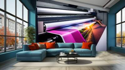 Large wide digital inkjet printing machine during production. Generative Ai. Wall mural