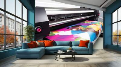 Large wide digital inkjet printing machine during production. Generative Ai. Wall mural