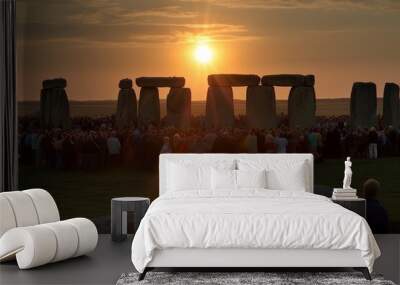 Local people and tourist celebrating summer Solstice at Stonehenge. Generative Ai Wall mural