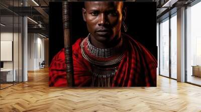 Maasai warrior in traditional attire, standing against a backdrop of the African landscape, holding a spear and shield. Generative AI Wall mural