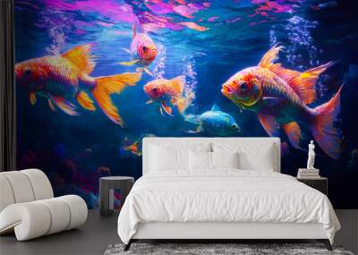 Oil illustration of a Goldfish swimming in a colorful and vibrant coral reef Wall mural