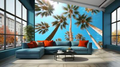 Palm trees against blue sky . Generative AI Wall mural