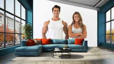 Portrait of male and female athlete standing on white background. Fit couple happy and relaxing after workout. Generative AI Wall mural