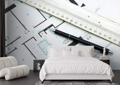 Roll of architectural blueprint house building plans on table with pencil and ruler. Home Automation building concept Wall mural