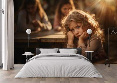 Sad little girl feeling alone while sitting by herself in school Wall mural