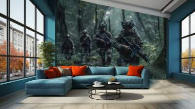 Special Forces Military Unit in full tactical gear , walking in the jungle. Generative AI Wall mural