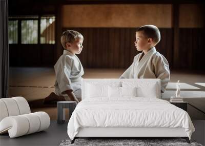 Two boys during judo practice. Generative AI Wall mural