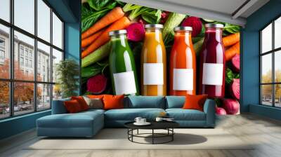 Variety of vegetable juice in bottles surrounded by fresh ingredients on a wooden background for copy space banner Wall mural