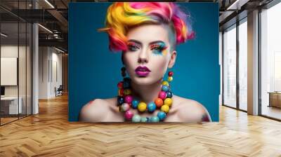 Young happy girl with colorful hair, style makeup and contemporary eye-catching resin jewelry. Generative AI Wall mural