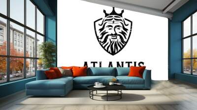 Shield Neptune logo design vector illustration Poseidon ocean silhouette. Human Sea Atlantis mascot Water Stock template Wall mural