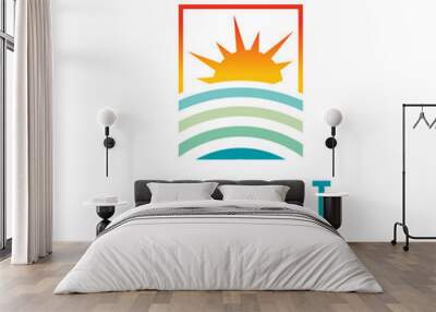 Sunset beach logo Landscape design Template Vector illustration. summer Wave sun Logo Sign Design Icon. ocean , tropical And Sea Sun Logo Element. sunset and sunrise concept symbol Wall mural