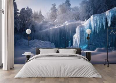 Winter frozen waterfall landscape with snow and ice, white and blue, ice stalactites, icicles, fantasy landscape, Christmas card frozen forest with amazing lightning Wall mural