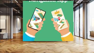 Two hands of friends holding smartphone mobile phone with map guiding sharing way to Home result on phone screen using for travel open world explorer house visit navigation direction concept Wall mural