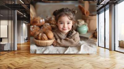 a cute little girl model, smiling posing with a basket of bread rolls, wearing a knitted sweater with her hair styled in two buns, with various baked goods and a rustic kitchen setting Wall mural