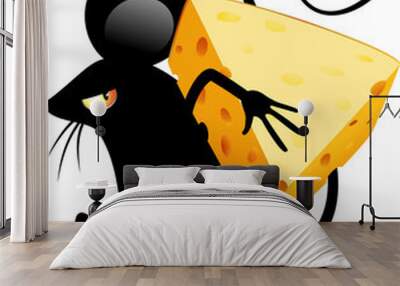 Mouse Funny Cartoon Character carrying a piece of cheese isolated element on transparent background Wall mural