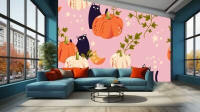 Autumn fall seamless pattern with pumpkins, cats, leaves, moon and stars on pink background. Colorful vector illustration. Wall mural