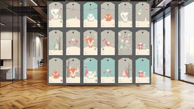 Collection of 18 Christmas and New Year gift tags with foxes, bi Wall mural