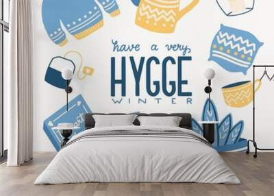 Hygge concept with colorful hand lettering and illustration design. Scandinavian folk motives. Cozy atmosphere at home. Flat vector illustration. Wall mural