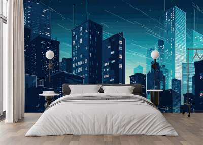 Flat Graphic Style Illustration of a Blue Skyscraper City: Striking Contrast of Light and Shadows Wall mural