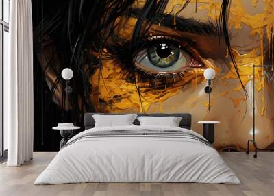 Close Up of Detailed Vampire Anime Style Yellow Eyes Black Tear Mark Wall mural