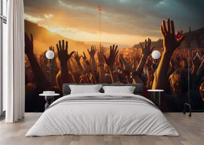 Hands in The Air of A Crowd at A Music Festival At Sunset Blurry Background Wall mural