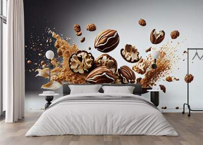 Walnuts Creatively Falling-Dripping Flying or Splashing on White Background AI Generative. Wall mural