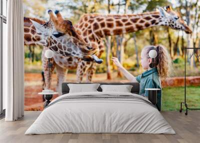 Cute little girl feeding giraffes in Africa Wall mural