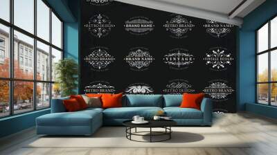 Large collection of decorative calligraphic logo templates for design on chalkboard background Wall mural