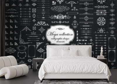 Mega set of vector calligraphic elements for design on chalkboard background Wall mural