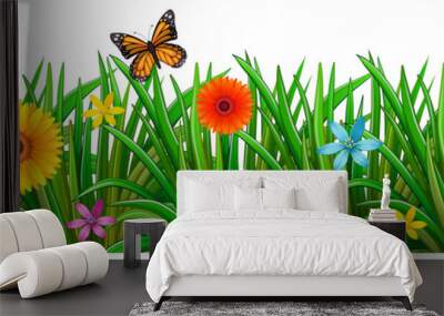 A garden with fresh blooming flowers, a butterfly and a ladybug Wall mural