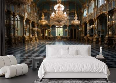 A grand ballroom in an old castle, with crystal chandeliers, gold filigree work, and a checkerboard marble floor. Wall mural