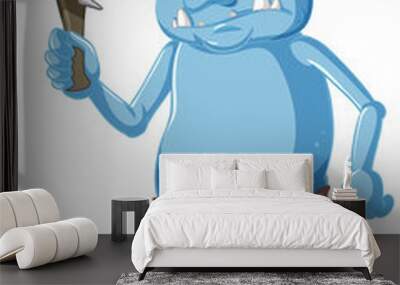 Blue goblin or troll holding hunting tool in cartoon character isolated Wall mural