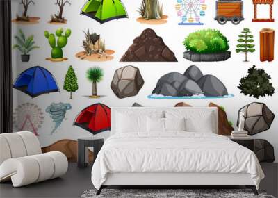 Collection of outdoor nature themed objects and plant elements Wall mural