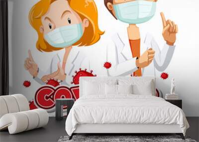 Coronavirus poster design with with doctors and virus cells Wall mural