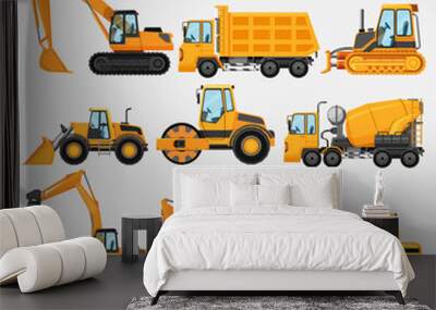 Different types of construction trucks Wall mural