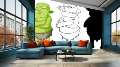 Goblin or troll in color and outline and silhouette in cartoon character on white background Wall mural