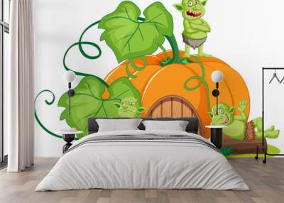 Goblin or troll with pumpkin house in cartoon style isolated Wall mural