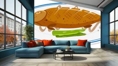 Grilled fish on round plate Wall mural