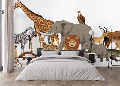 Group of wild african animal on white background Wall mural