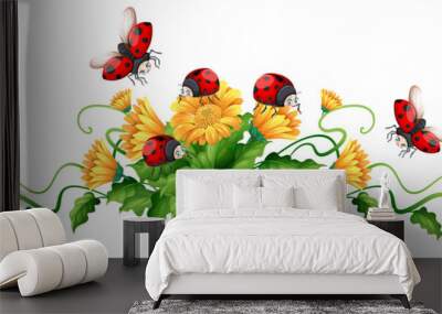 Ladybugs and yellow flowers Wall mural