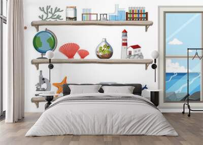 Miscellaneous objects on wall shelves Wall mural